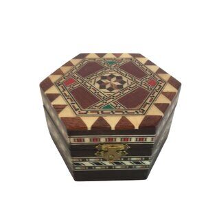 Handcrafted Marketry Inlay Wooden Jewelry Box With Brass Latch Hexagonal